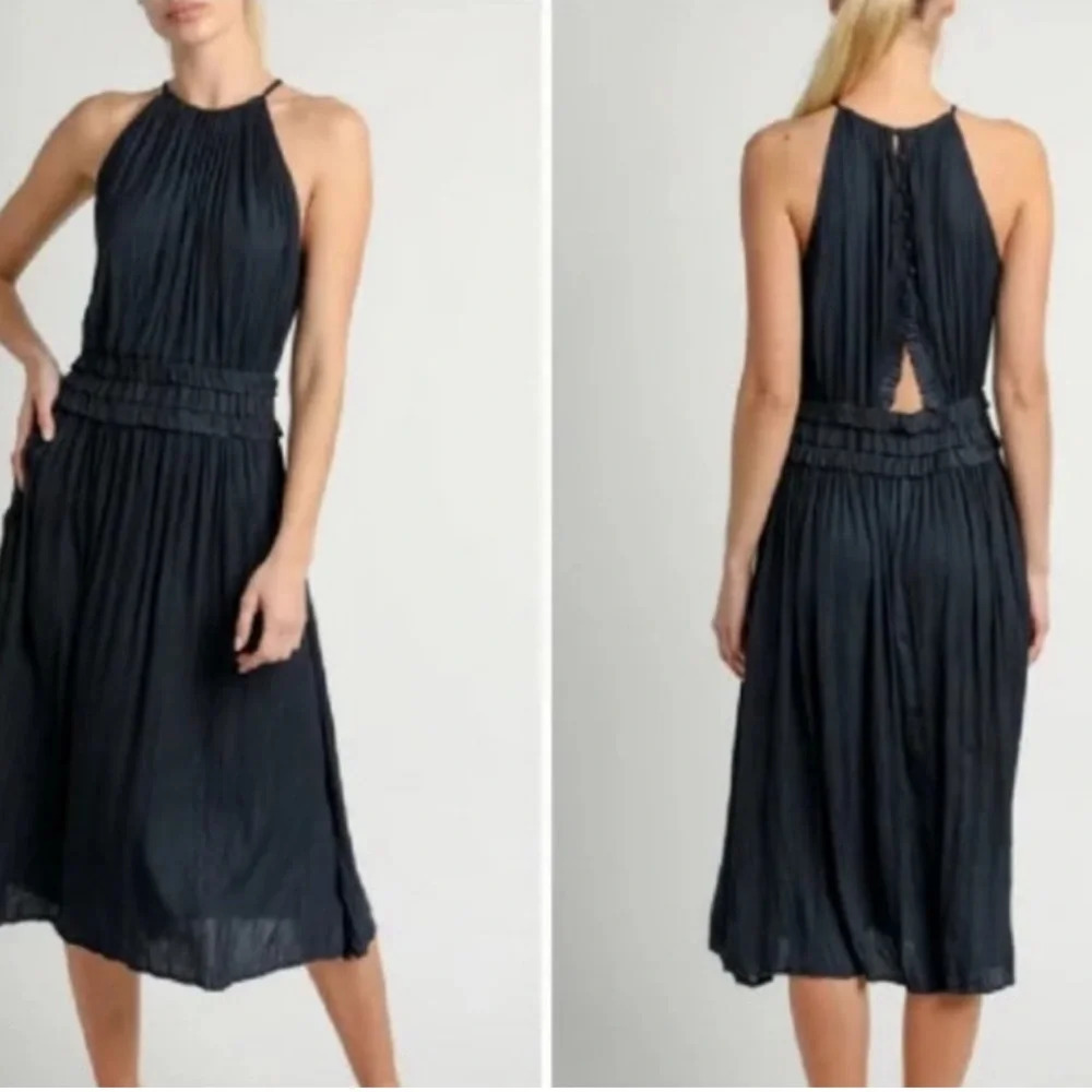 Current Air Midi Dress Halter Black Pleated Ruffle Anthropologie Wedding Guest - Picture 3 of 11